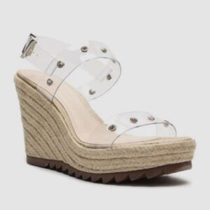 SCHUTZ Clear PVC Espadrille Wedge Sandals with Natural Jute Platform